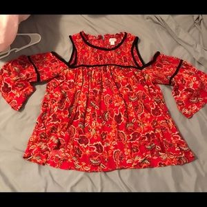 Red ruffle cold shoulder shirt